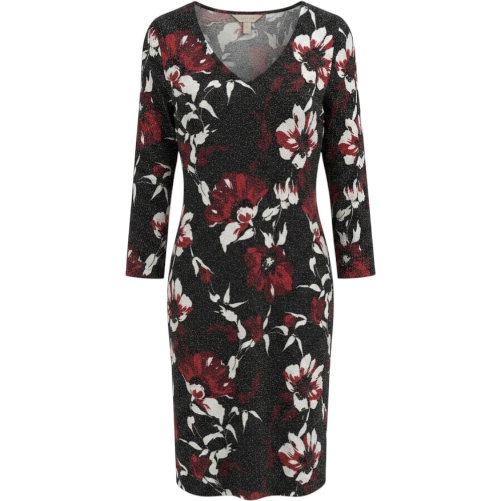 Chicos Red Floral Metallic Knit V-Neck Shift Dress Long Sleeve Size 2 L Career